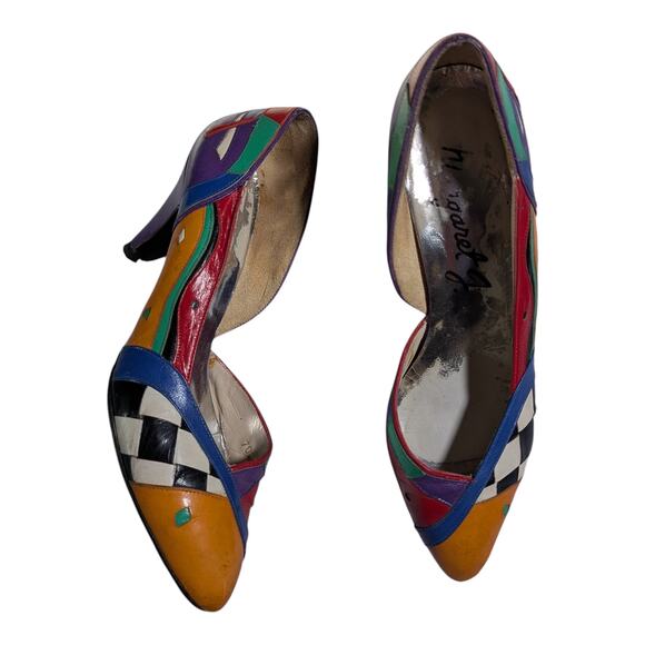 Vintage Shoes - Vtg 1990s Margaret J Color Block Checkerboard Abstract Pointed Toe Pumps Sz 6
